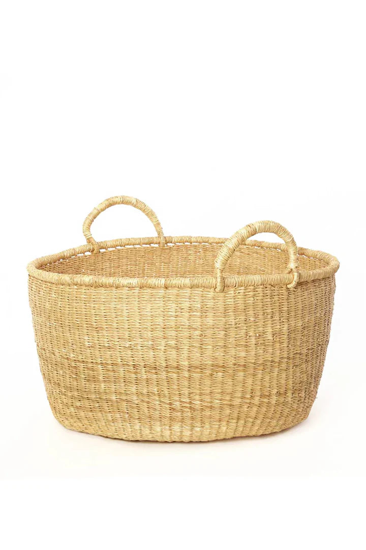 Set of Three Natural Woven Grass Floor Baskets with Handles