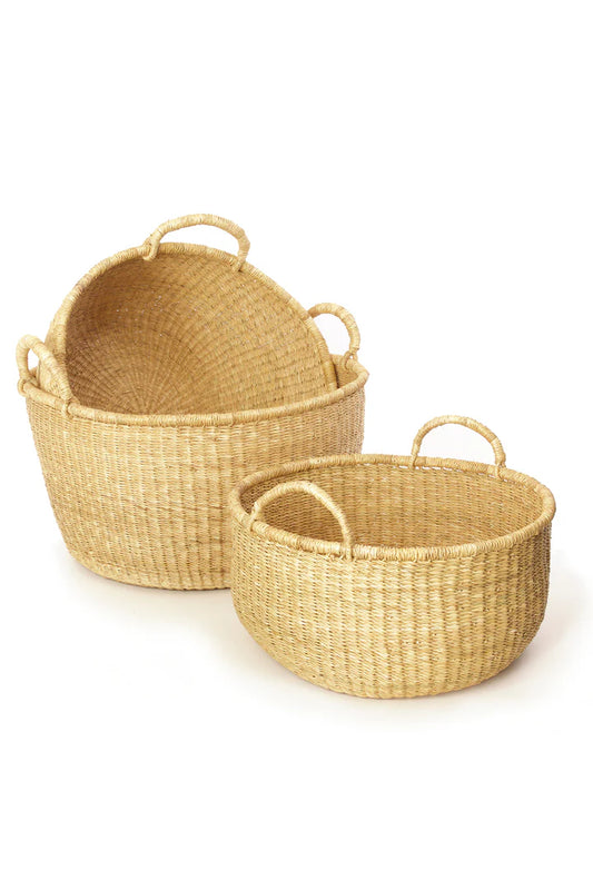 Set of Three Natural Woven Grass Floor Baskets with Handles