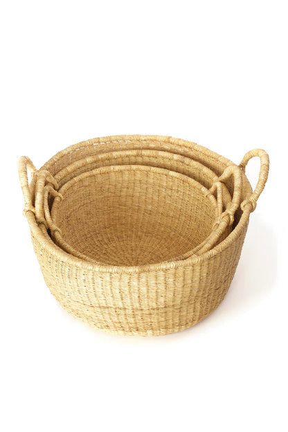 Set of Three Natural Woven Grass Floor Baskets with Handles