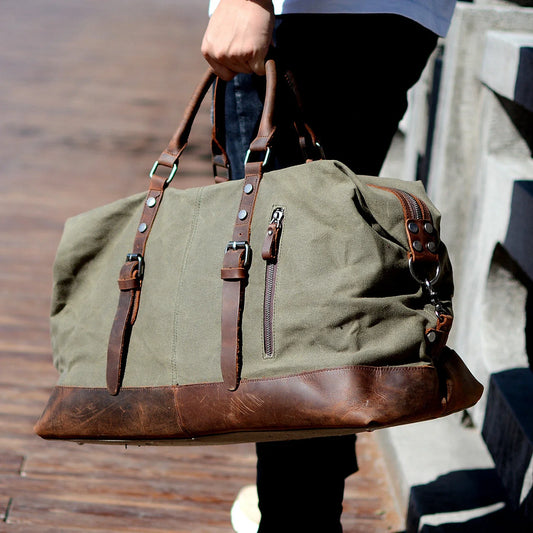 Duffel Bag, Wax Canvas Holdall, Vintage Luggage Bag, Canvas Leather Overnight Bag-1