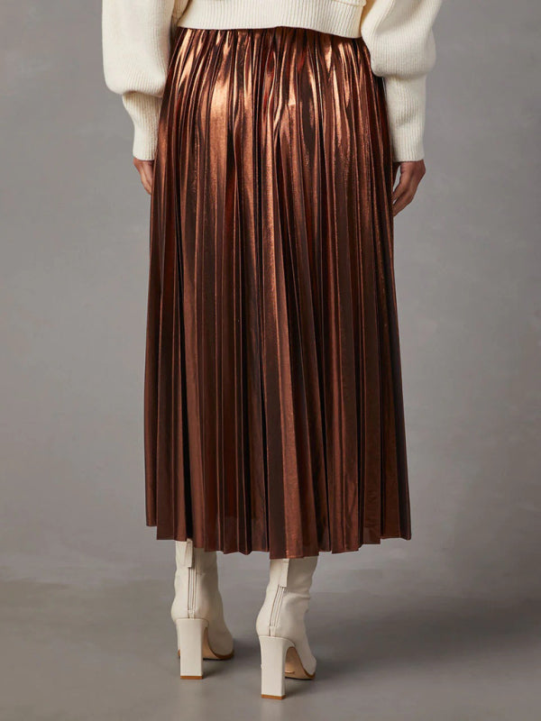 New Shiny Pleated High-waisted A-line Mid-length Skirt