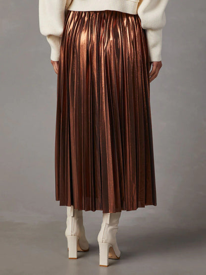 New Shiny Pleated High-waisted A-line Mid-length Skirt