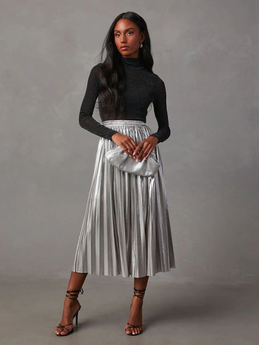 New Shiny Pleated High-waisted A-line Mid-length Skirt