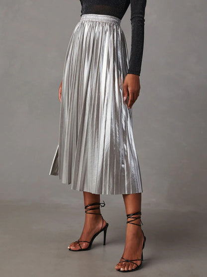 New Shiny Pleated High-waisted A-line Mid-length Skirt