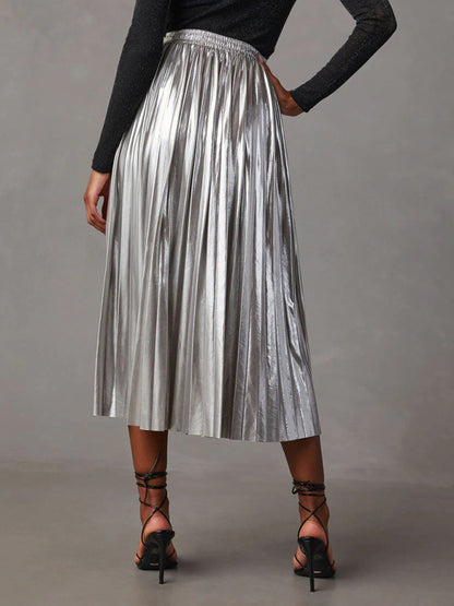 New Shiny Pleated High-waisted A-line Mid-length Skirt
