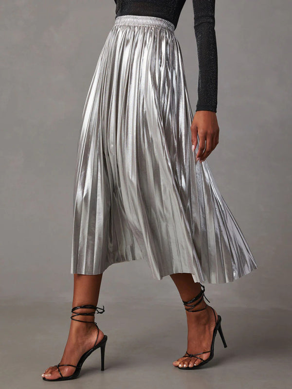 New Shiny Pleated High-waisted A-line Mid-length Skirt