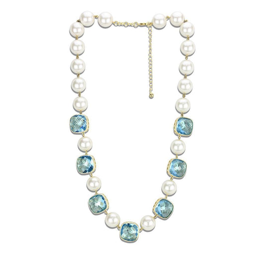 LO4706 - Gold Brass Necklace with Synthetic Synthetic Glass in Sea Blue-0