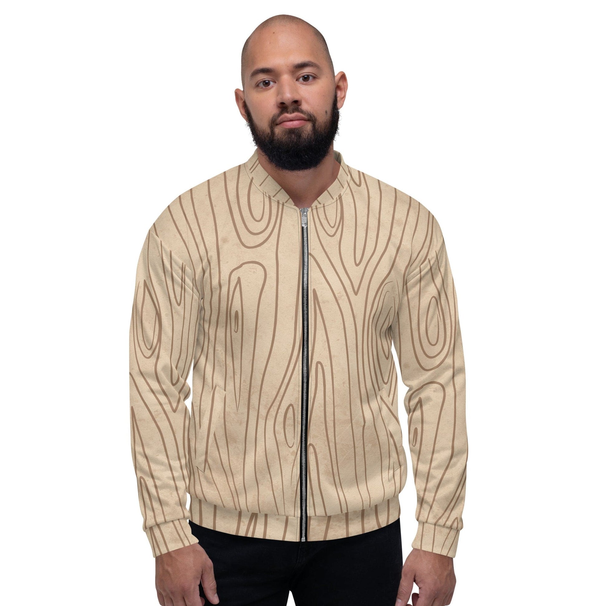 Mens Bomber Jacket - Beige Brown Tree Sketch Lines-4