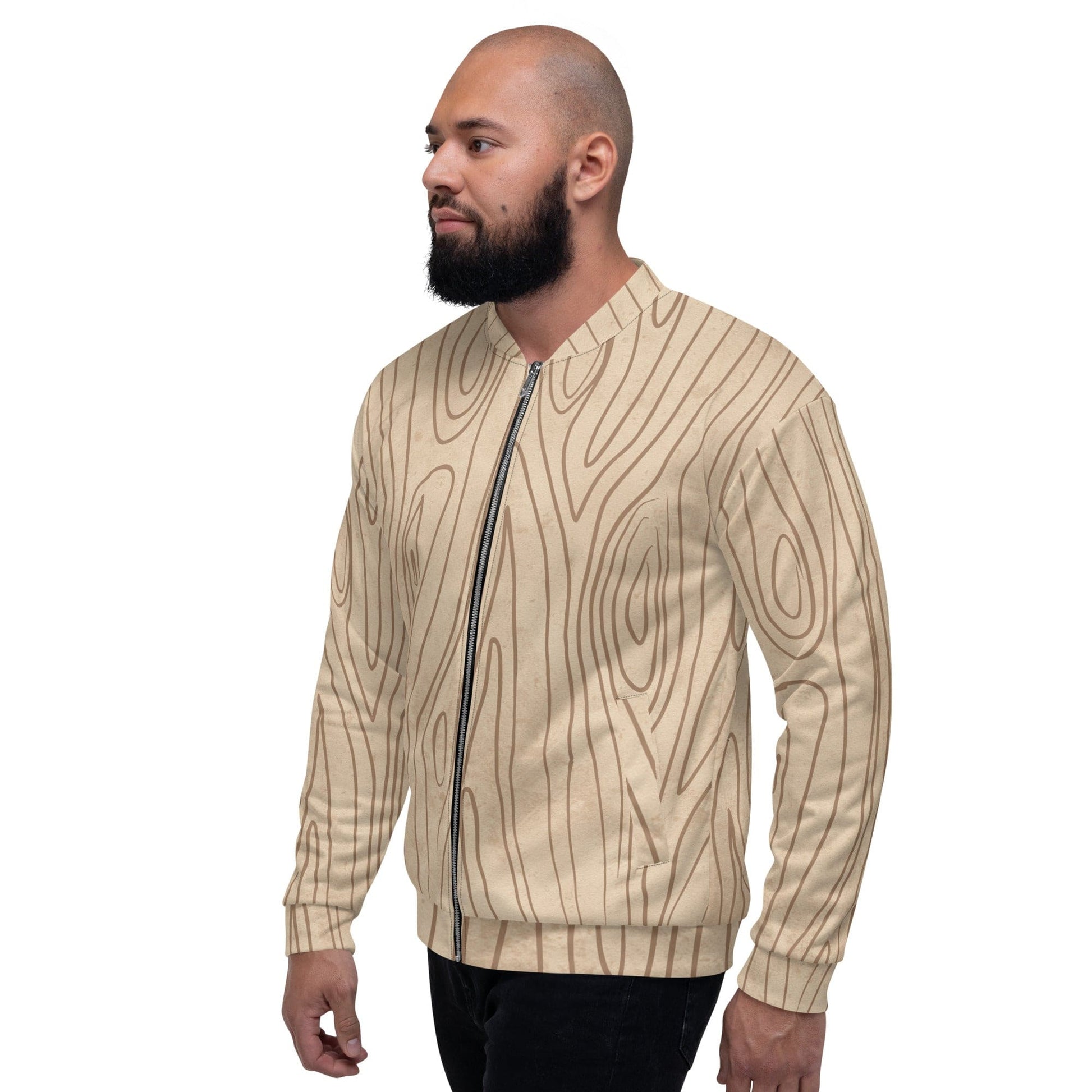 Mens Bomber Jacket - Beige Brown Tree Sketch Lines-3