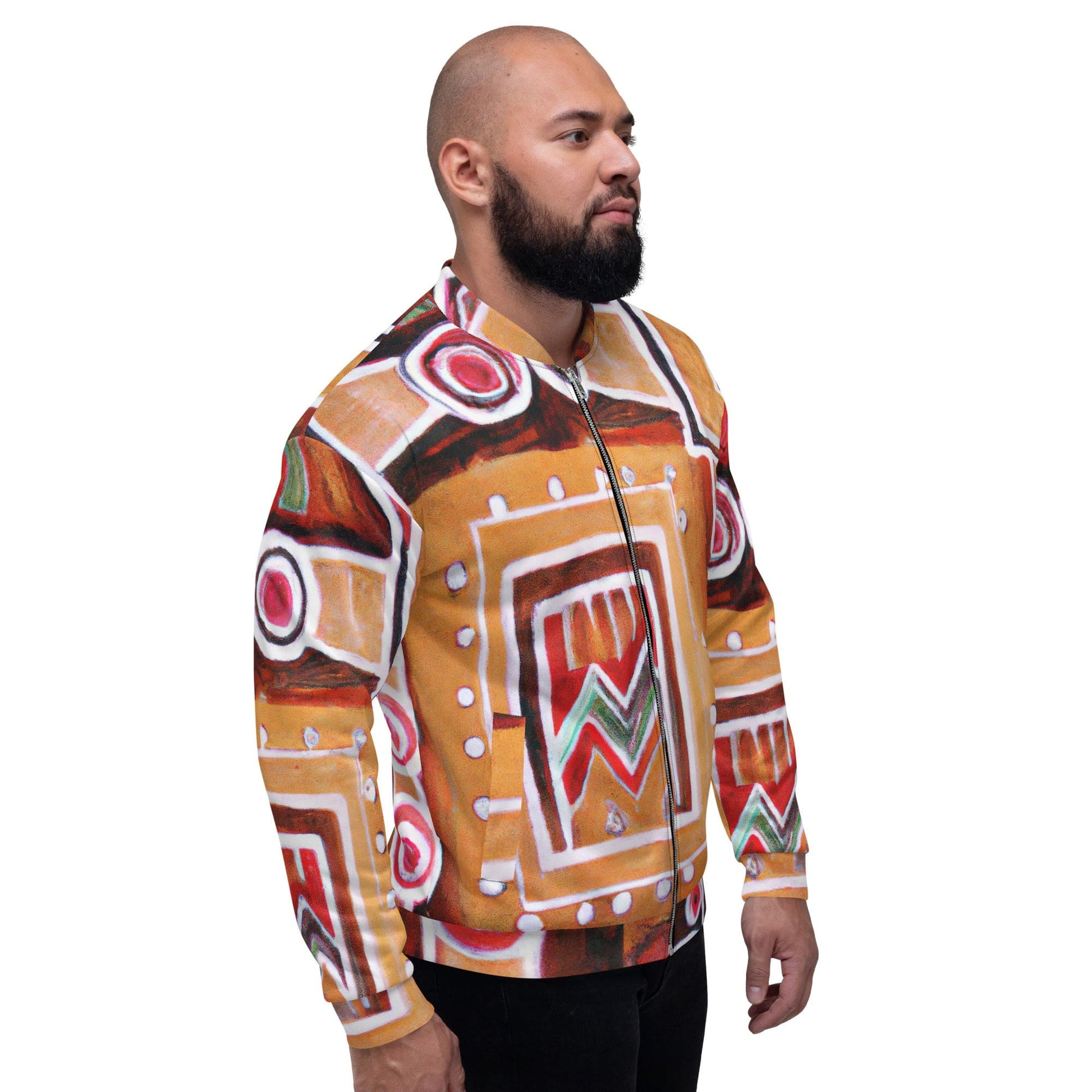 Mens Bomber Jacket - Brown Orange Green Aztec Pattern-2