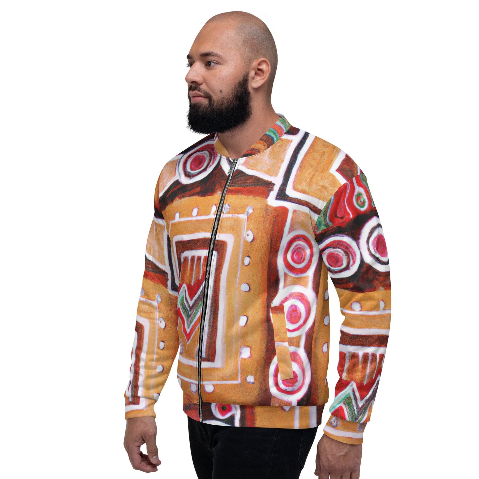 Mens Bomber Jacket - Brown Orange Green Aztec Pattern-3