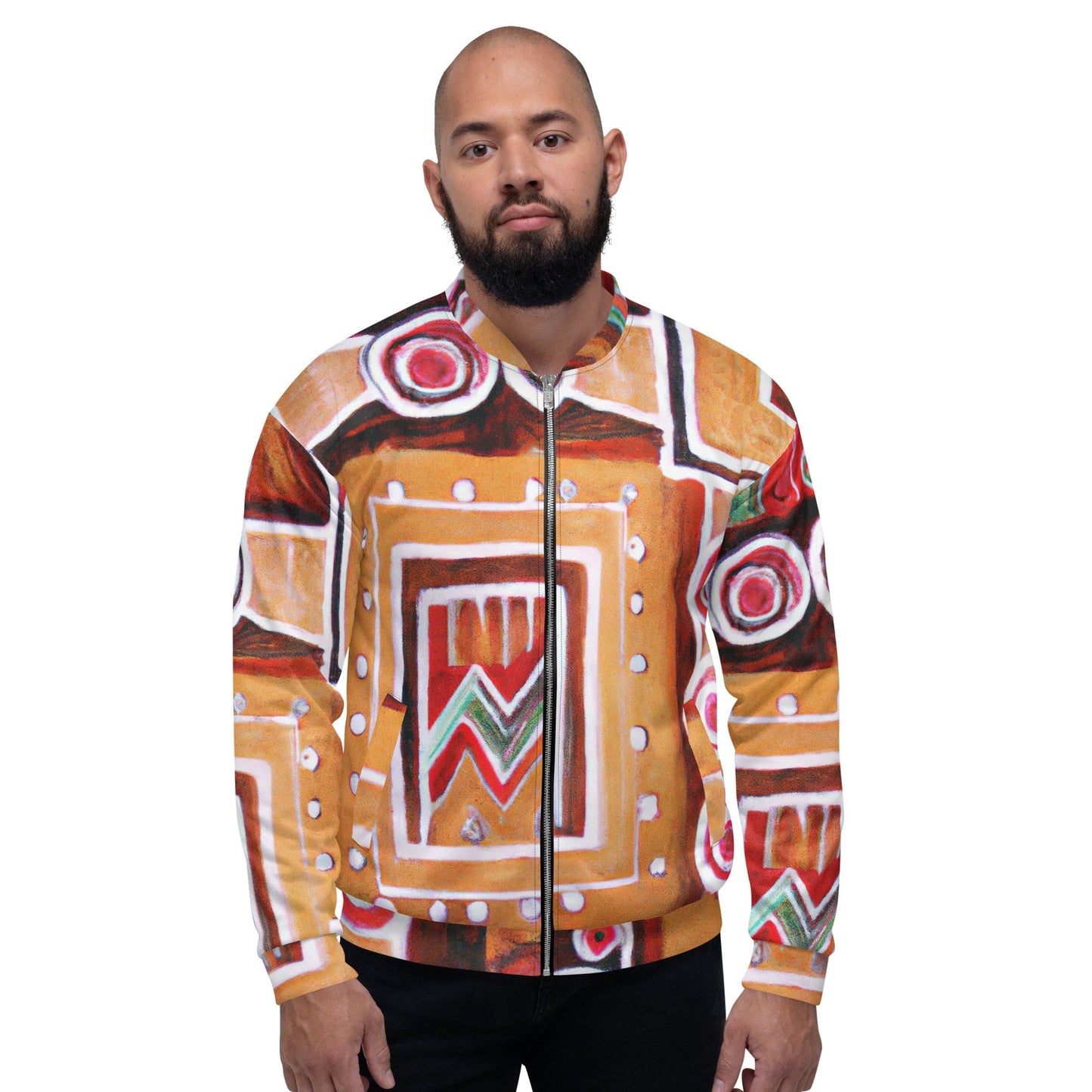 Mens Bomber Jacket - Brown Orange Green Aztec Pattern-0