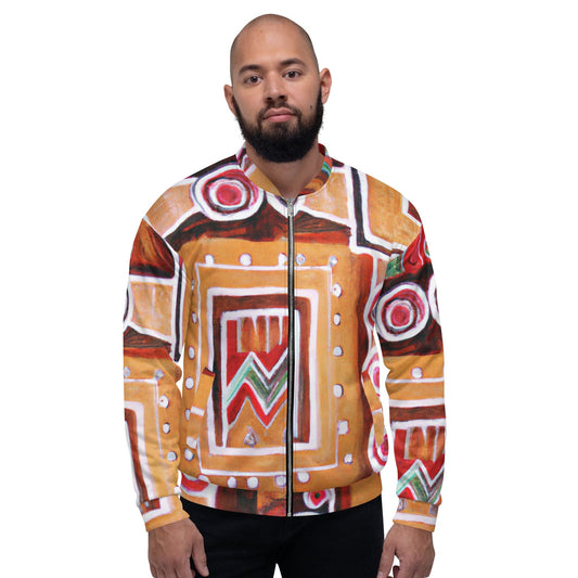 Mens Bomber Jacket - Brown Orange Green Aztec Pattern-0