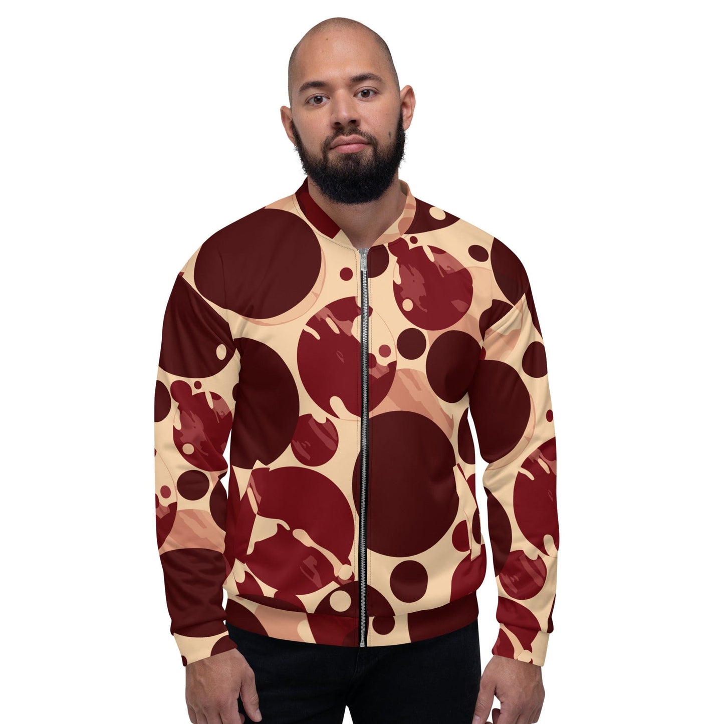 Mens Bomber Jacket - Burgundy Beige Circular Print-4