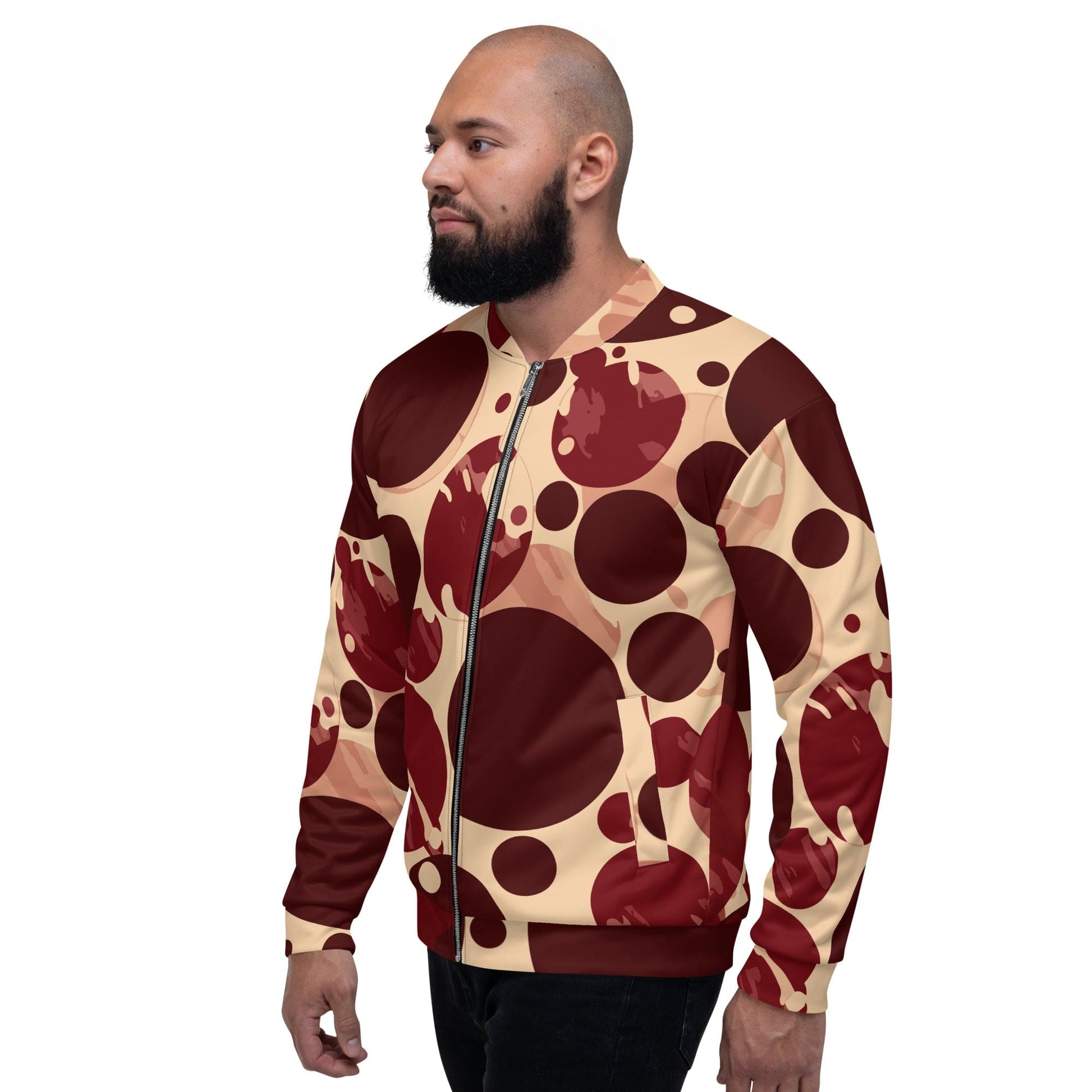 Mens Bomber Jacket - Burgundy Beige Circular Print-3