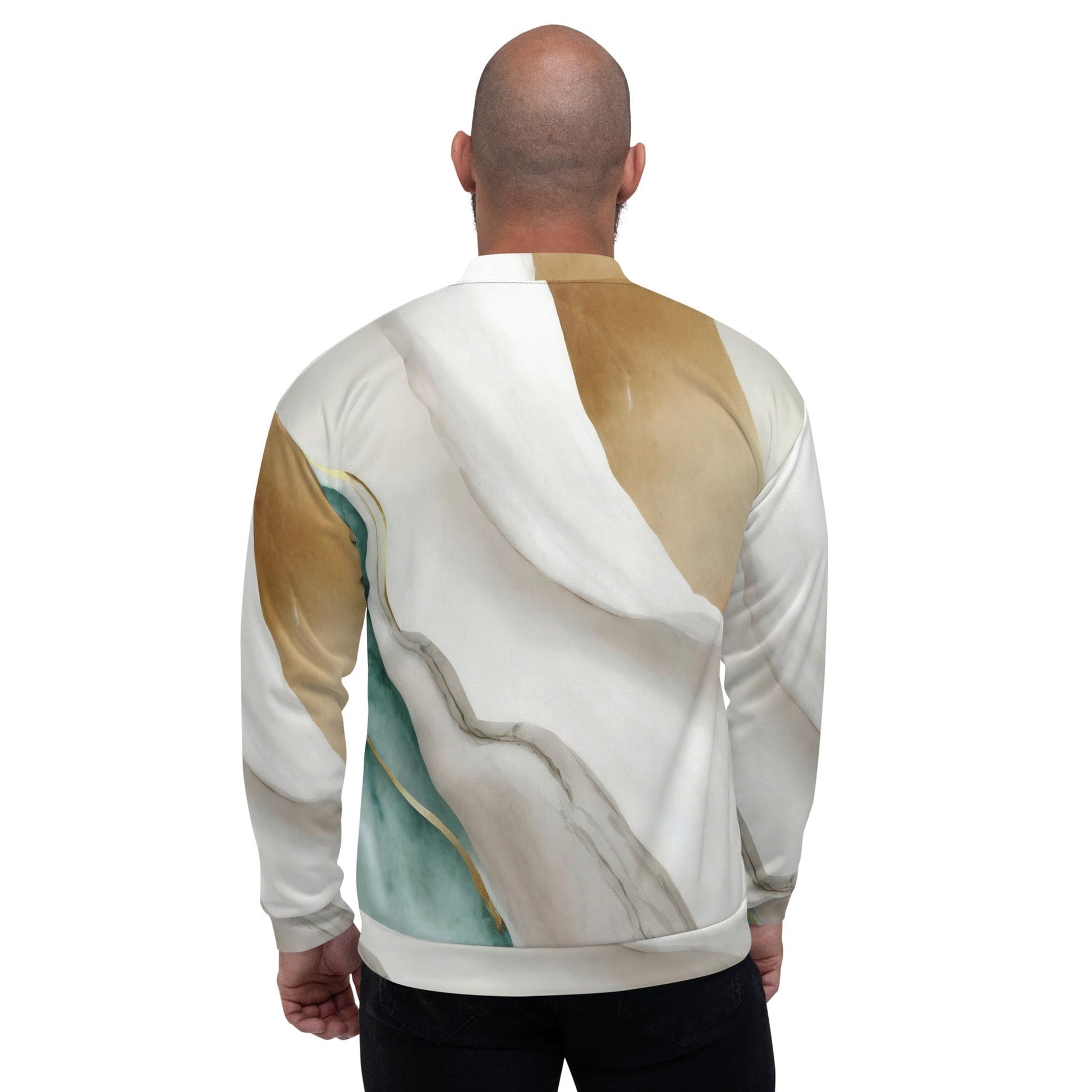Mens Bomber Jacket - Cream White Green Marbled Print-1