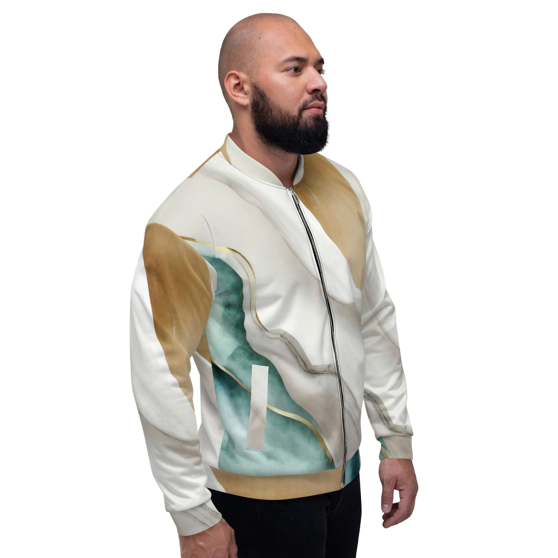 Mens Bomber Jacket - Cream White Green Marbled Print-2