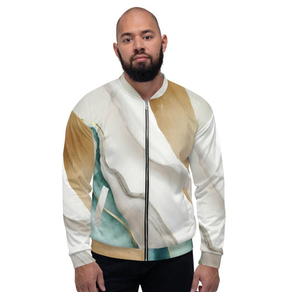 Mens Bomber Jacket - Cream White Green Marbled Print-0