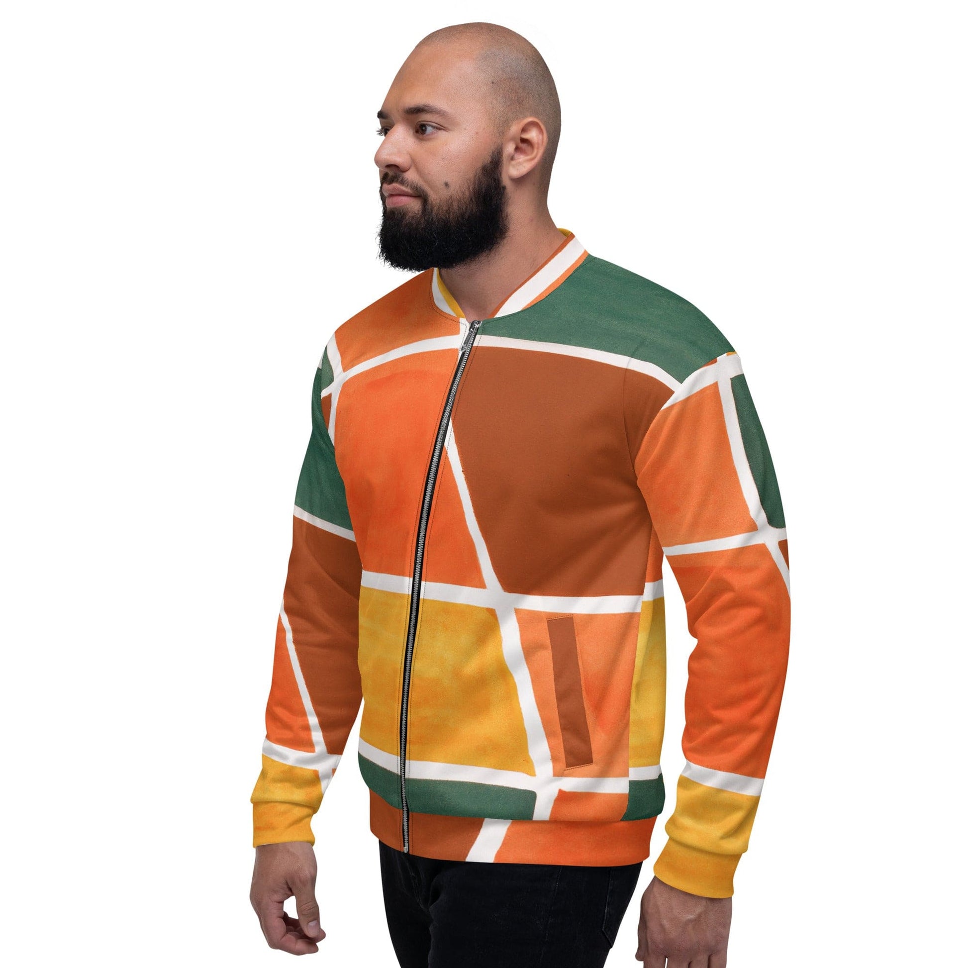 Mens Bomber Jacket - Orange Green Boho Pattern-3