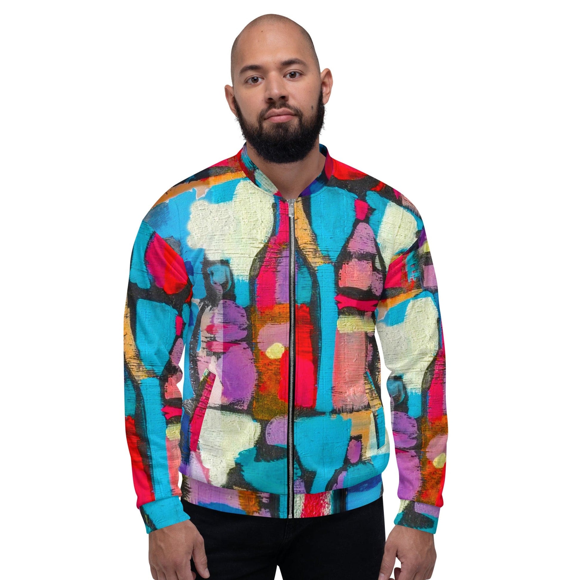 Mens Bomber Jacket - Sutileza Red Multicolor Abstract Print-4