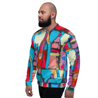 Mens Bomber Jacket - Sutileza Red Multicolor Abstract Print-3