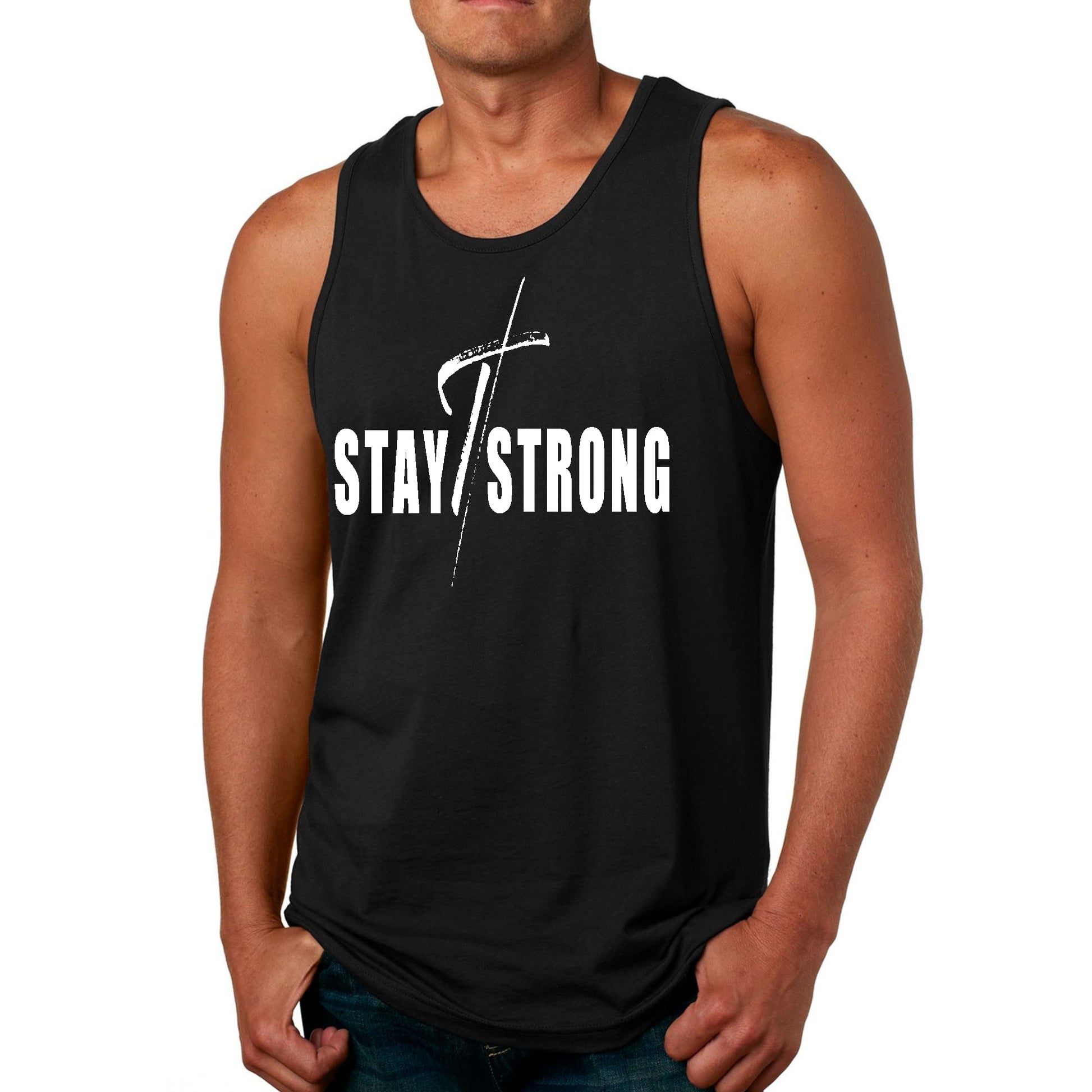 Mens Fitness Tank Top Graphic T-shirt Stay Strong with Cross White-0