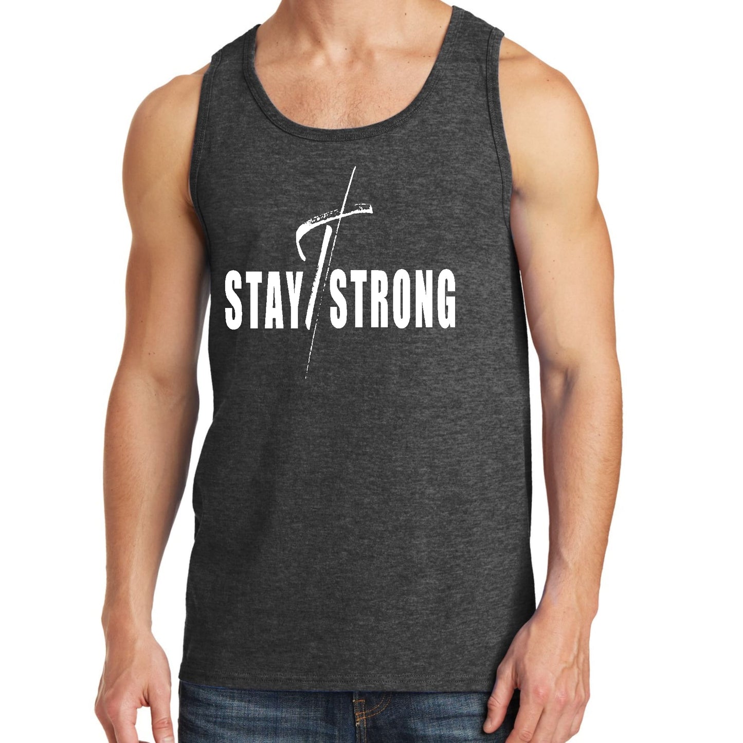 Mens Fitness Tank Top Graphic T-shirt Stay Strong with Cross White-4