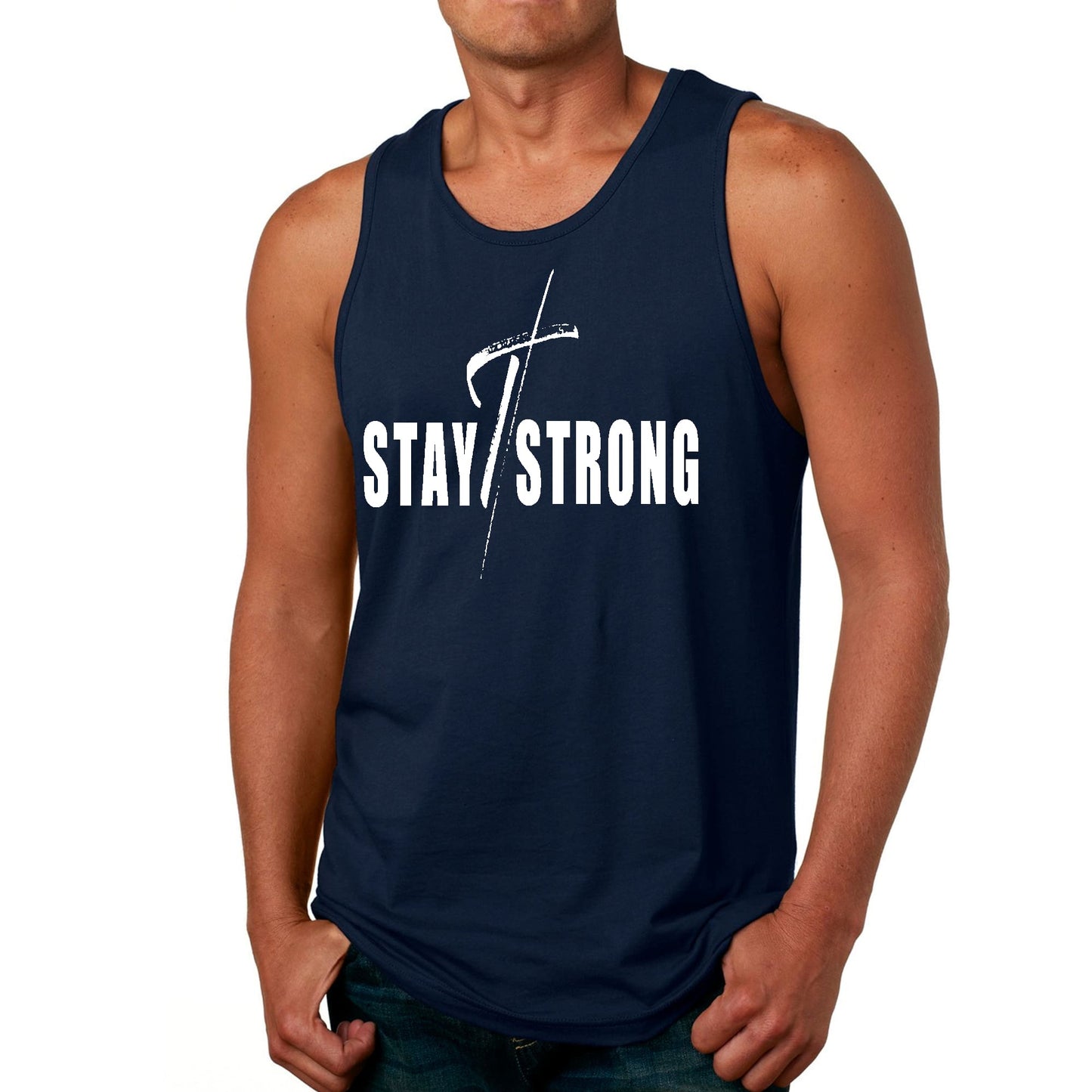 Mens Fitness Tank Top Graphic T-shirt Stay Strong with Cross White-2