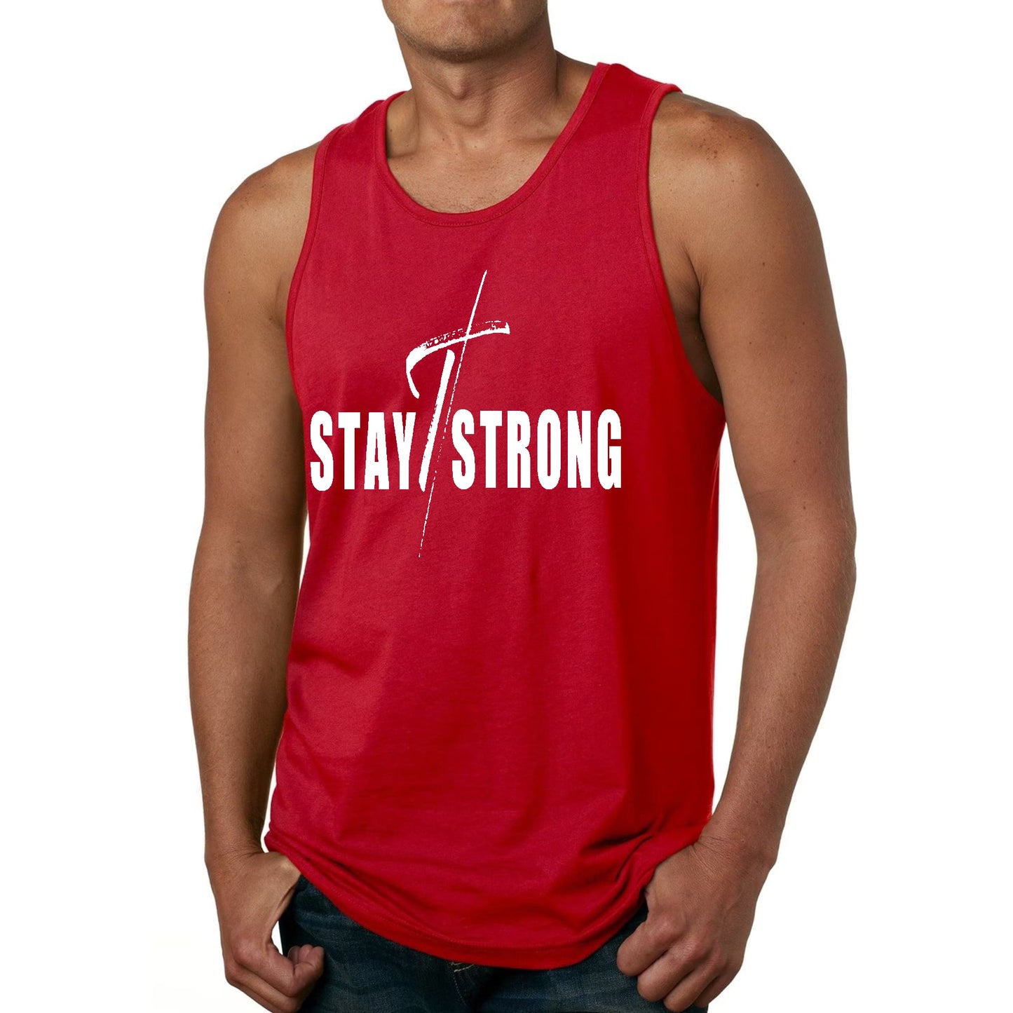 Mens Fitness Tank Top Graphic T-shirt Stay Strong with Cross White-1
