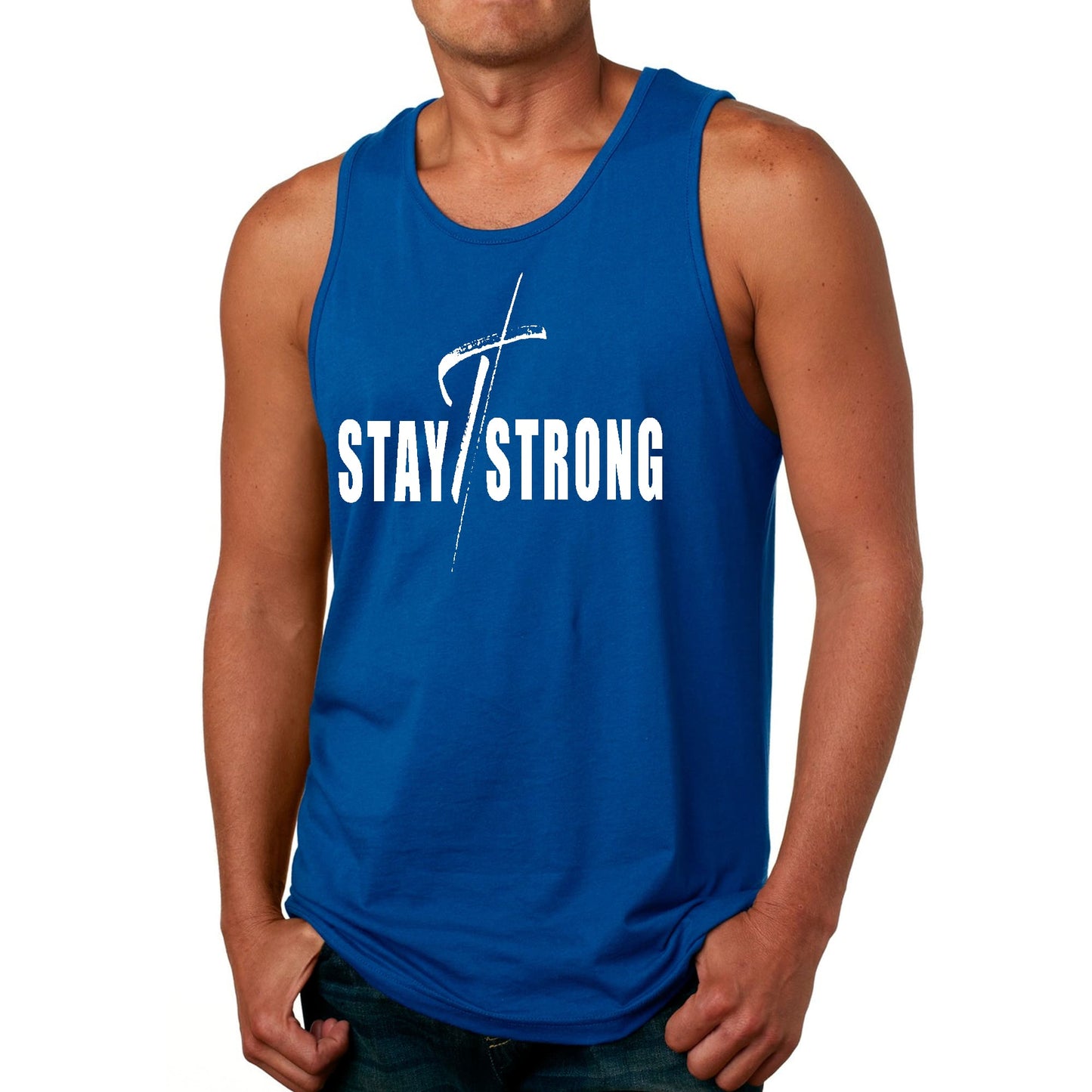 Mens Fitness Tank Top Graphic T-shirt Stay Strong with Cross White-3