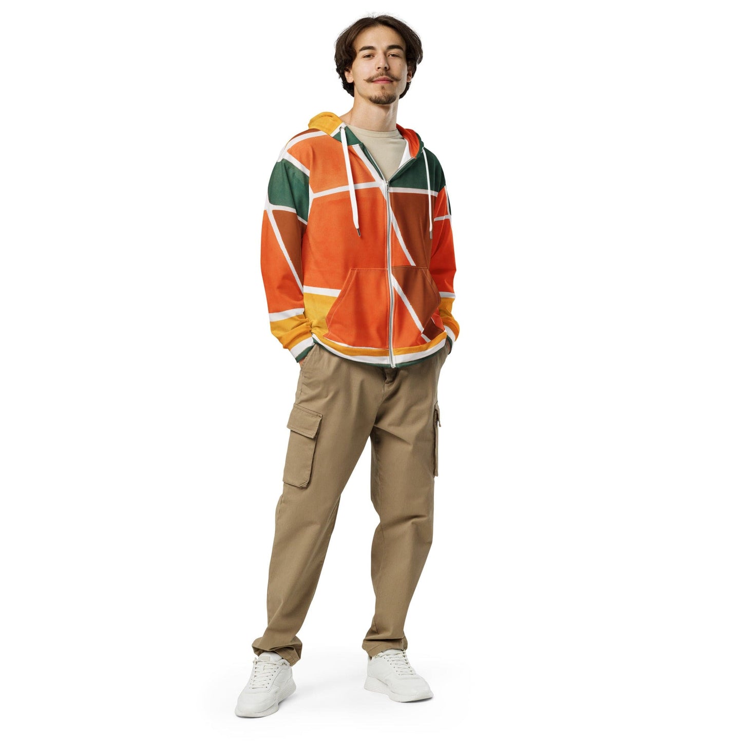 Mens Full Zip Graphic Hoodie - Orange Green Boho Pattern-4
