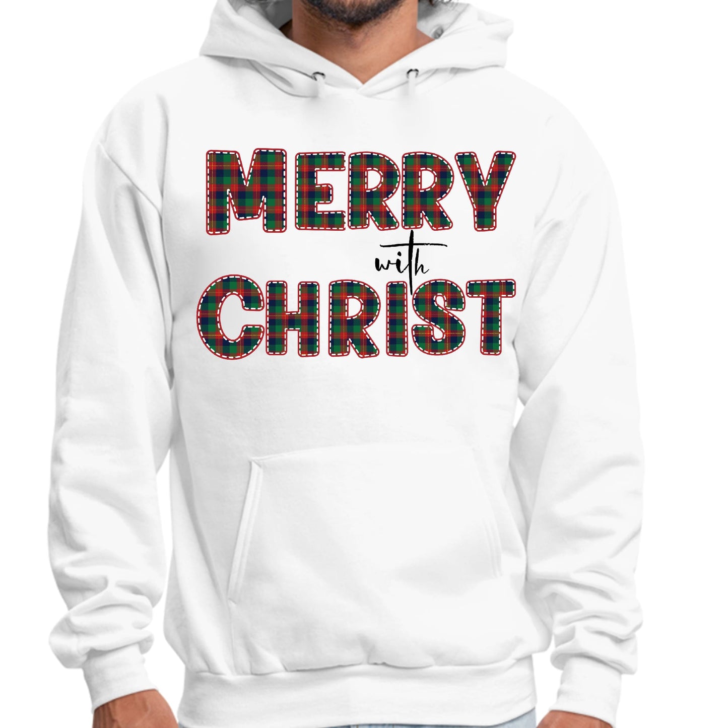 Mens Graphic Hoodie Merry with Christ - Red and Green Plaid Christmas-0