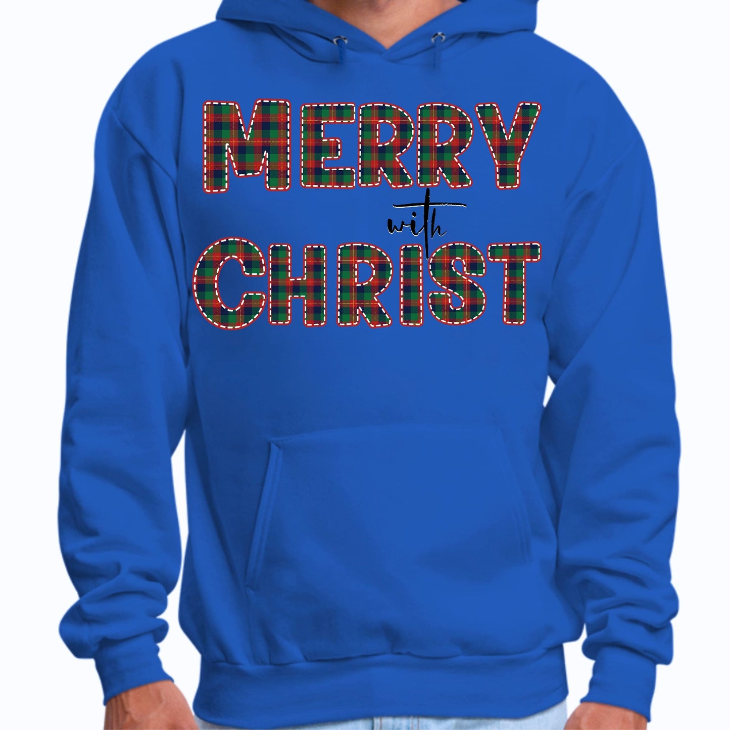 Mens Graphic Hoodie Merry with Christ - Red and Green Plaid Christmas-3