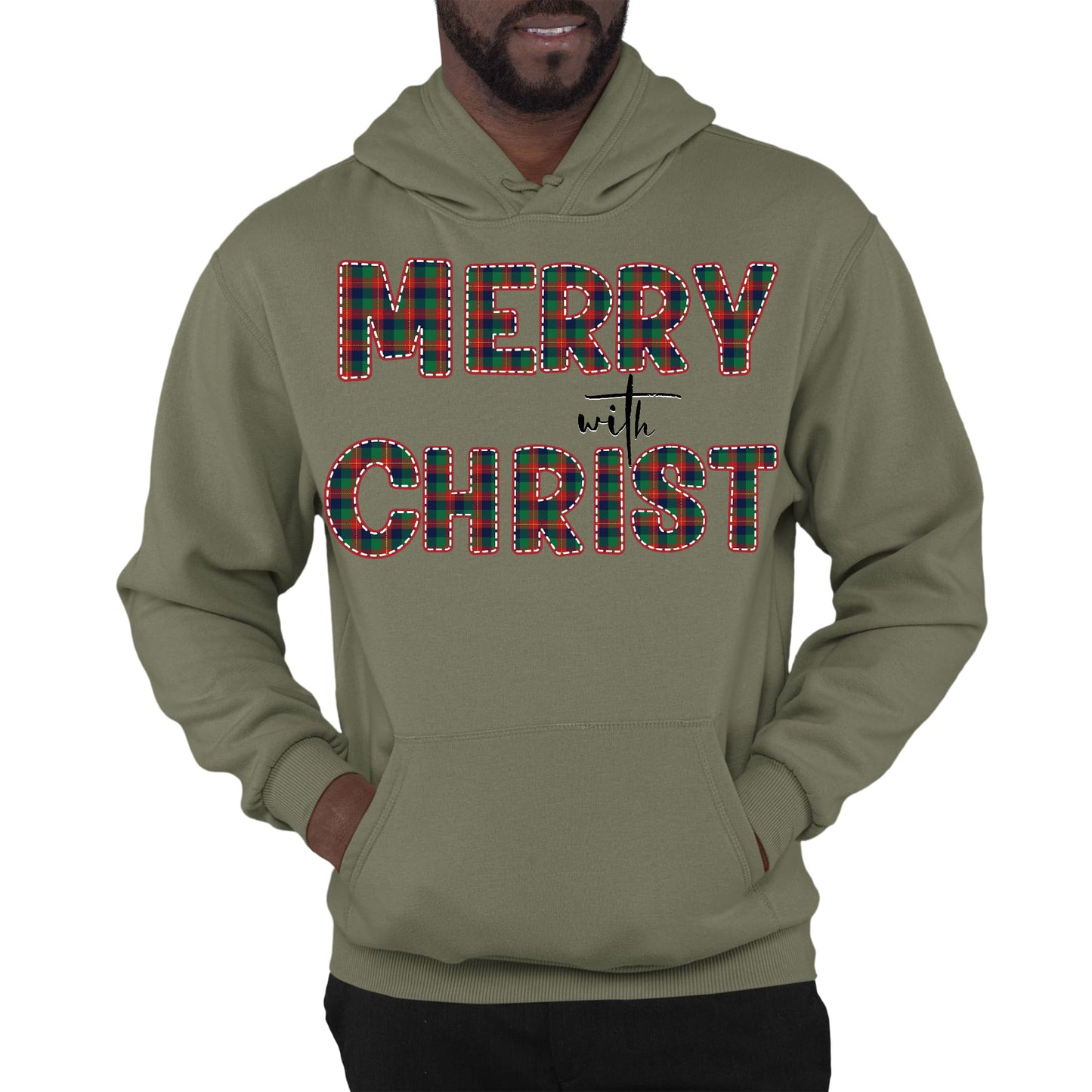 Mens Graphic Hoodie Merry with Christ - Red and Green Plaid Christmas-4