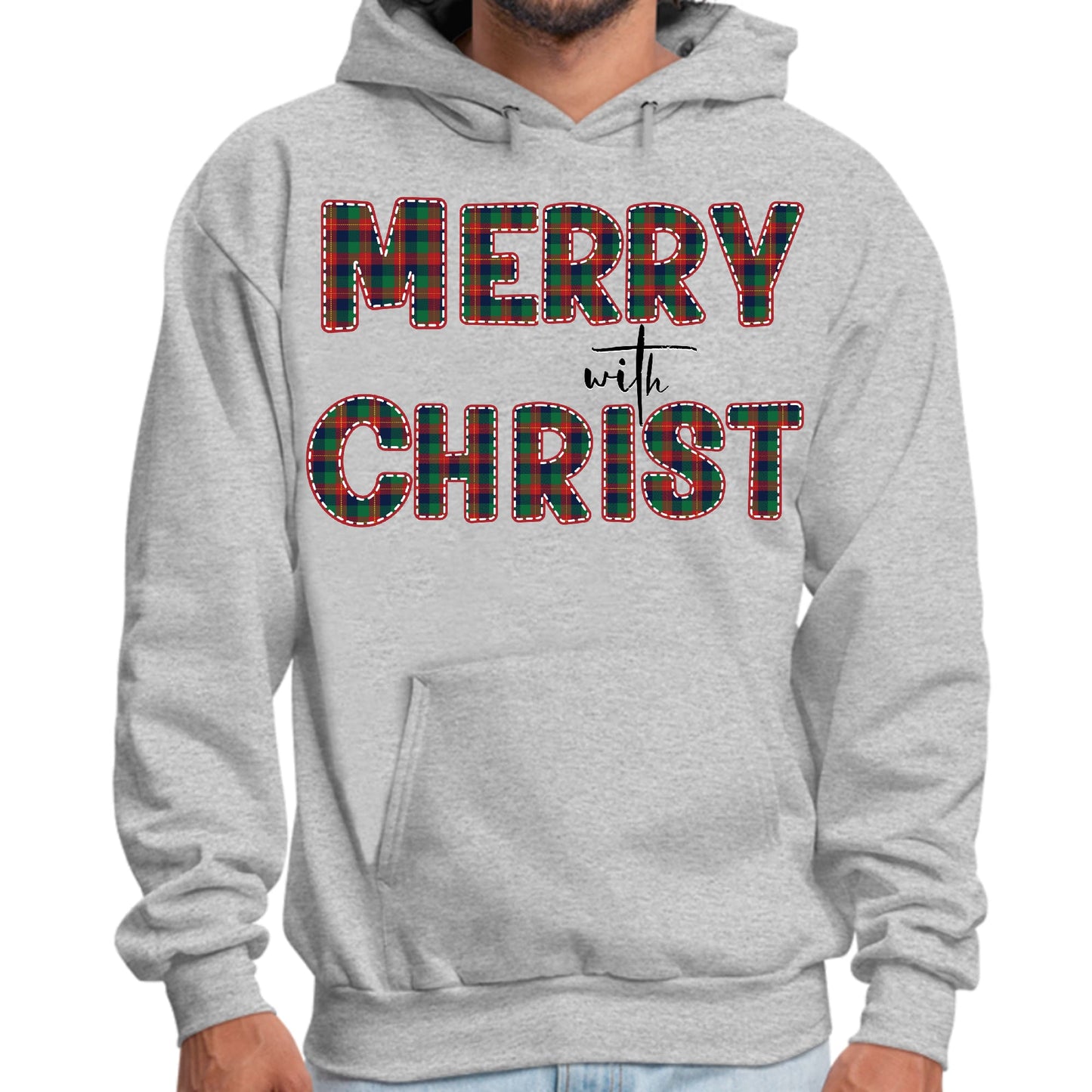 Mens Graphic Hoodie Merry with Christ - Red and Green Plaid Christmas-1