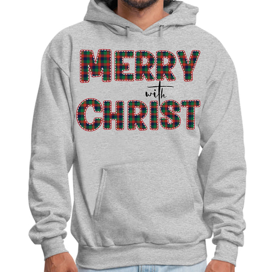 Mens Graphic Hoodie Merry with Christ - Red and Green Plaid Christmas-1