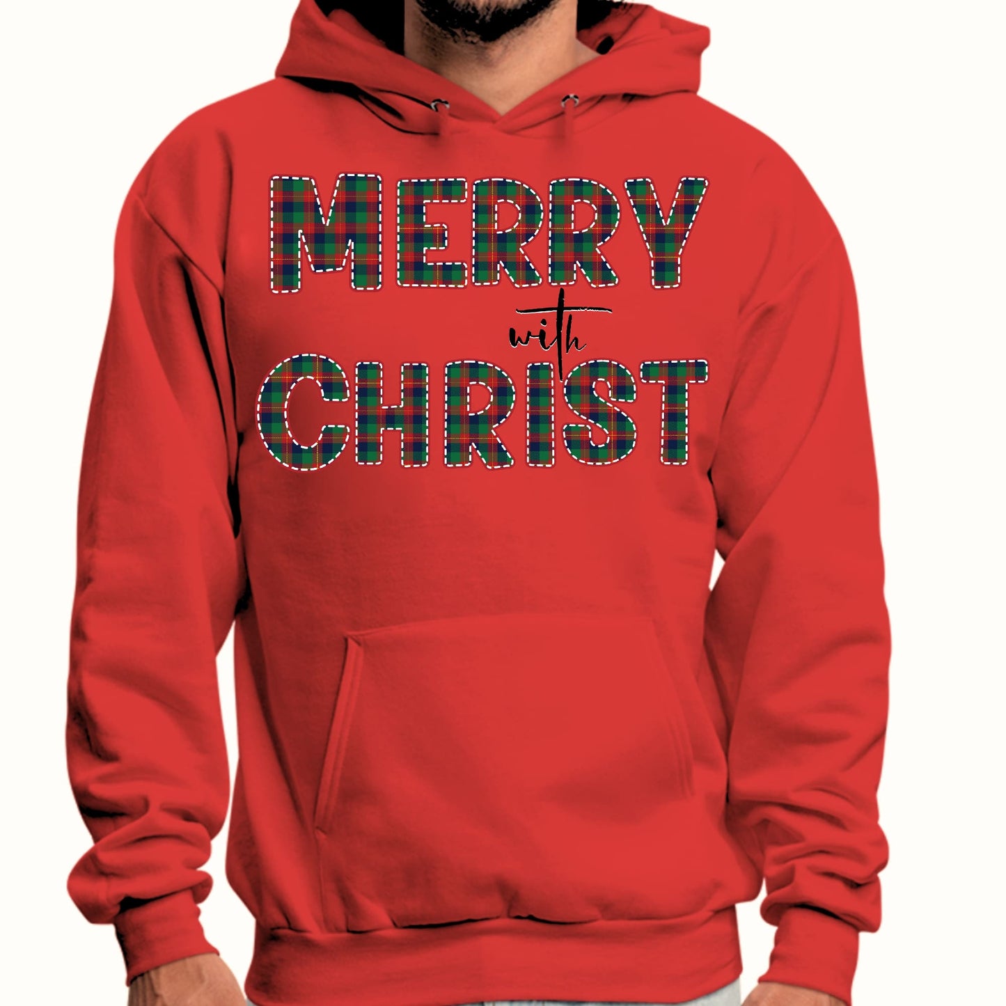 Mens Graphic Hoodie Merry with Christ - Red and Green Plaid Christmas-2