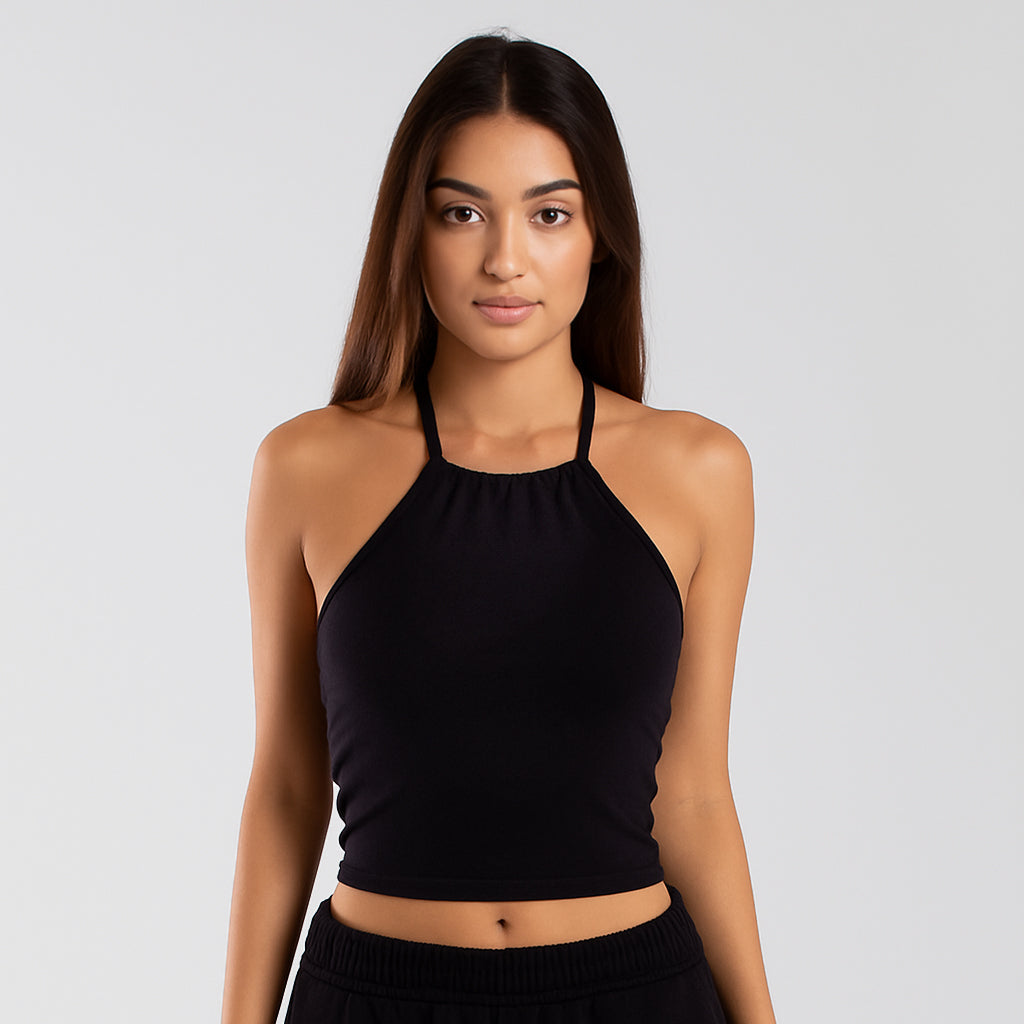 6026 - Women's Cropped Neck-Tie Halter Top-0