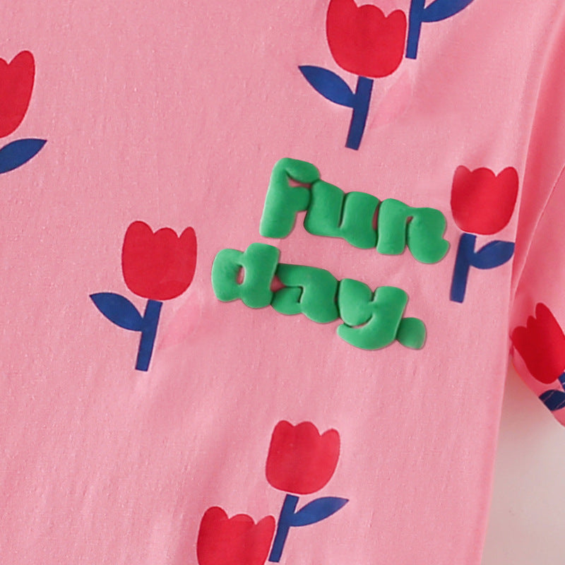 Summer Baby Kids Flowers and Letters Pattern T-shirt and Shorts Clothing Set for Girls-1