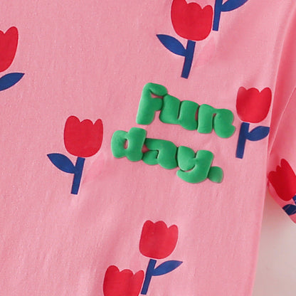 Summer Baby Kids Flowers and Letters Pattern T-shirt and Shorts Clothing Set for Girls-1