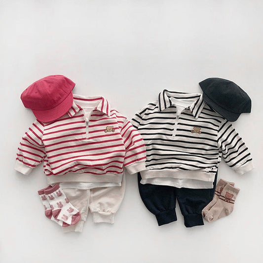 Baby Cute Bear Embroidered & Striped Pattern Polo Neck Cotton Hoodies-0