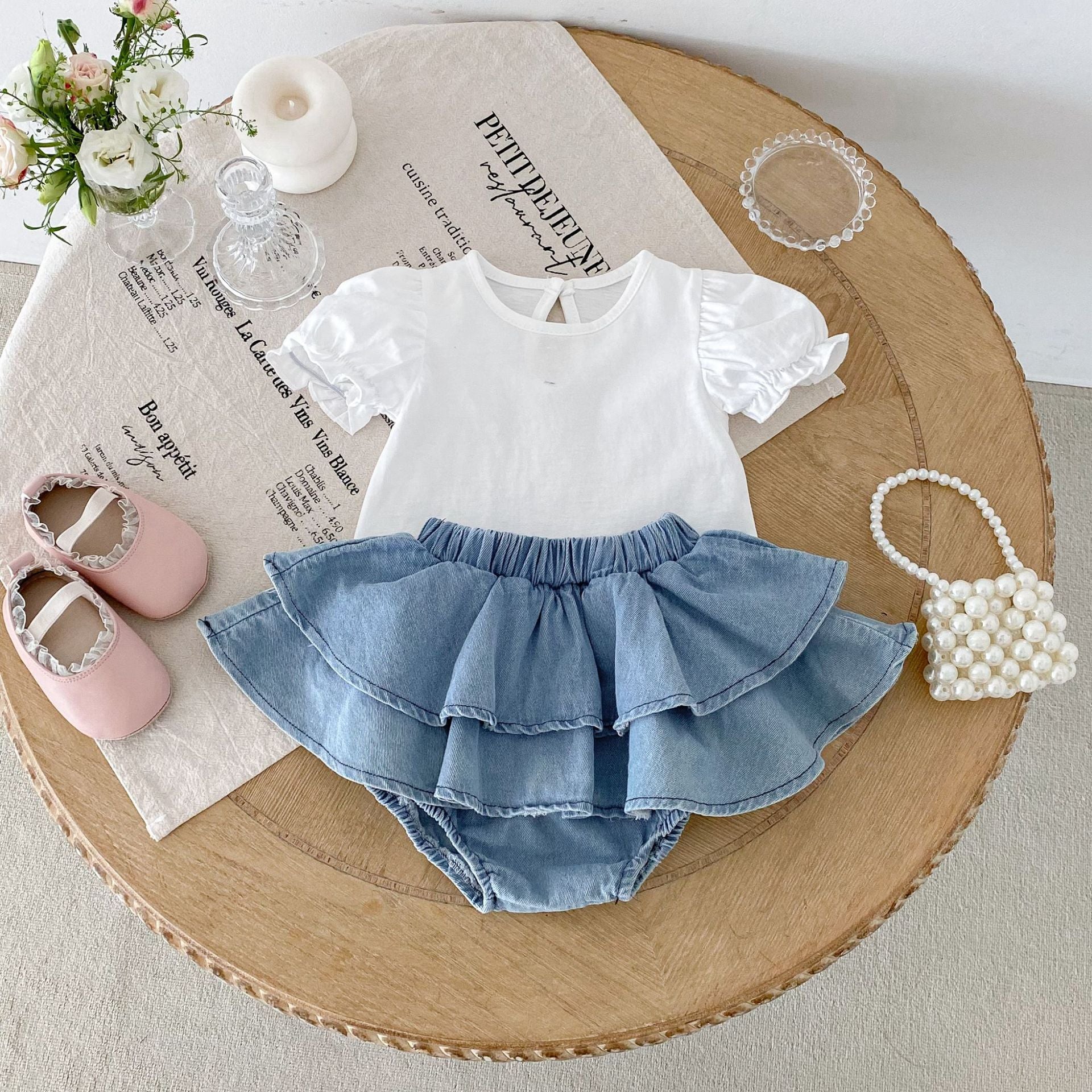 Summer Hot Selling Baby Girls Short Sleeves Solid Color T-shirt and Denim Skirt Clothing Set-0