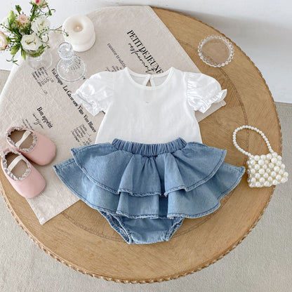 Summer Hot Selling Baby Girls Short Sleeves Solid Color T-shirt and Denim Skirt Clothing Set-0