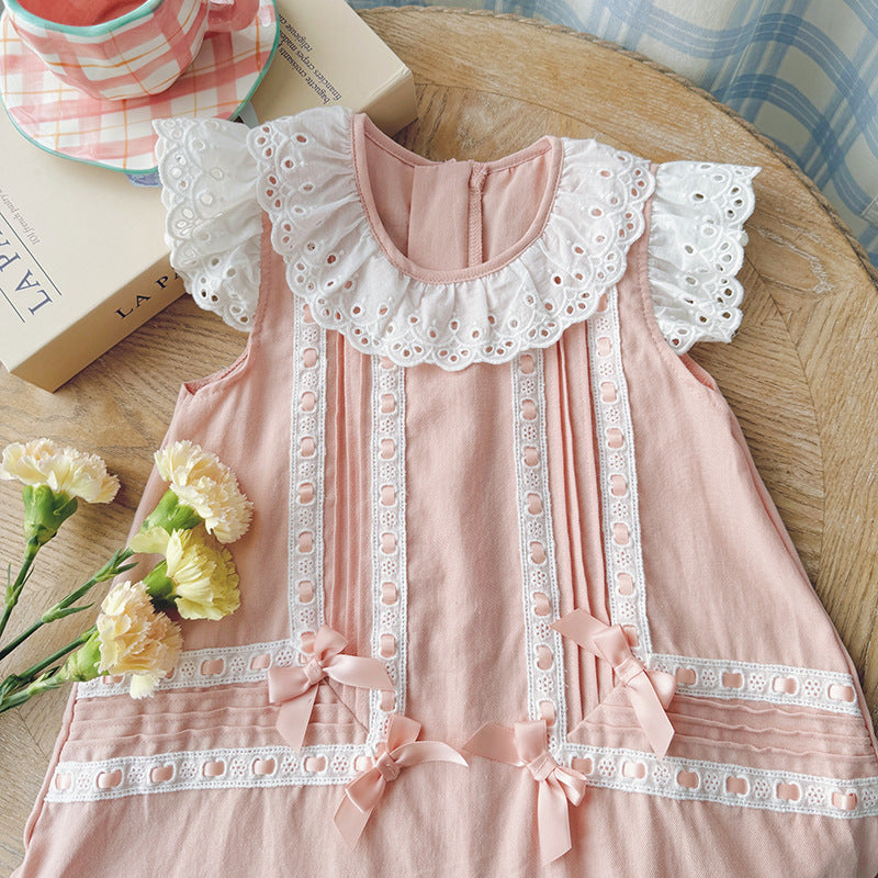 Summer Arrival Flowers Pattern Lace Trim Fly Sleeves Dress for Stylish Girls-2