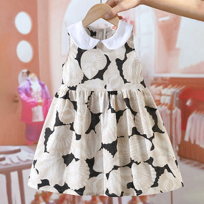 Arrival Summer Girls Sleeveless Peter Pan Collar Conch Pattern Thin Dress-0