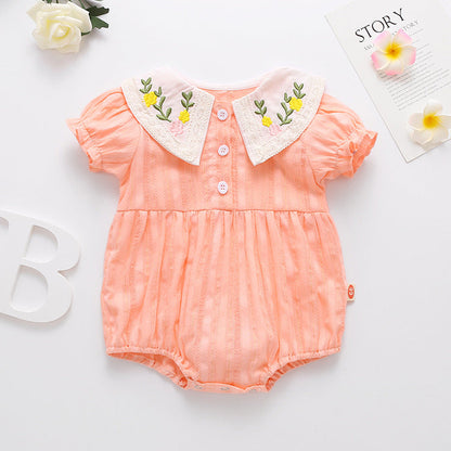 Baby Girl Floral Embroidery Design Solid Color Summer Short-Sleeved Onesies In Summer Outside Wearing-1