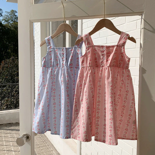 Summer Baby Kids Girls Sleeveless Flowers Pattern Printed Striped Dress-1