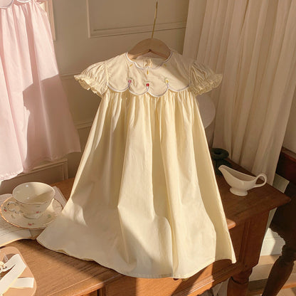 Summer Baby Kids Girls French Short Sleeves Floral Pattern Embroidered Dress-1