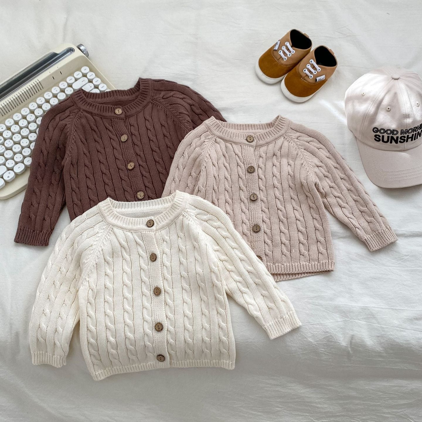 Autumn New Arrival Baby Kids Unisex Comfortable Solid Color Jacquard Pattern Knitted Long Sleeves Cardigan-0