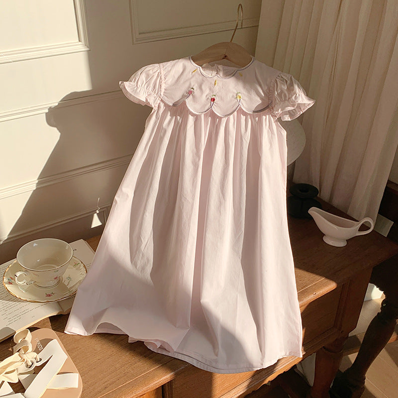 Summer Baby Kids Girls French Short Sleeves Floral Pattern Embroidered Dress-2
